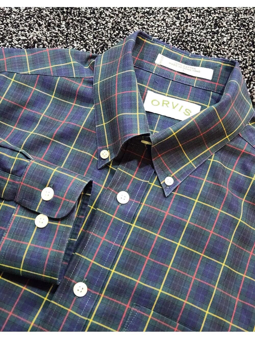 Orvis Men’s Shirt Large long-sleeve plaid, 100% cotton button up plaid sportsman